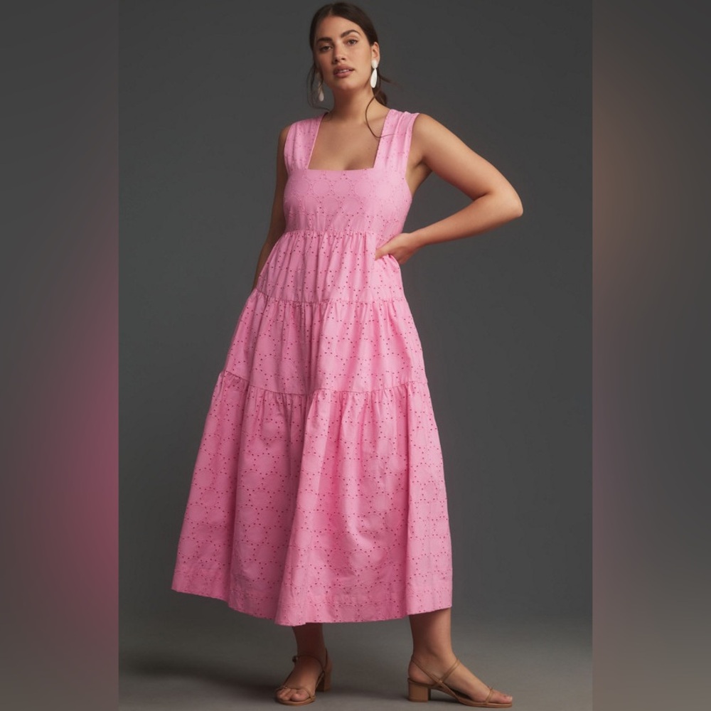 Anthropologie Helena Eyelet Square-Neck Tiered Midi Dress